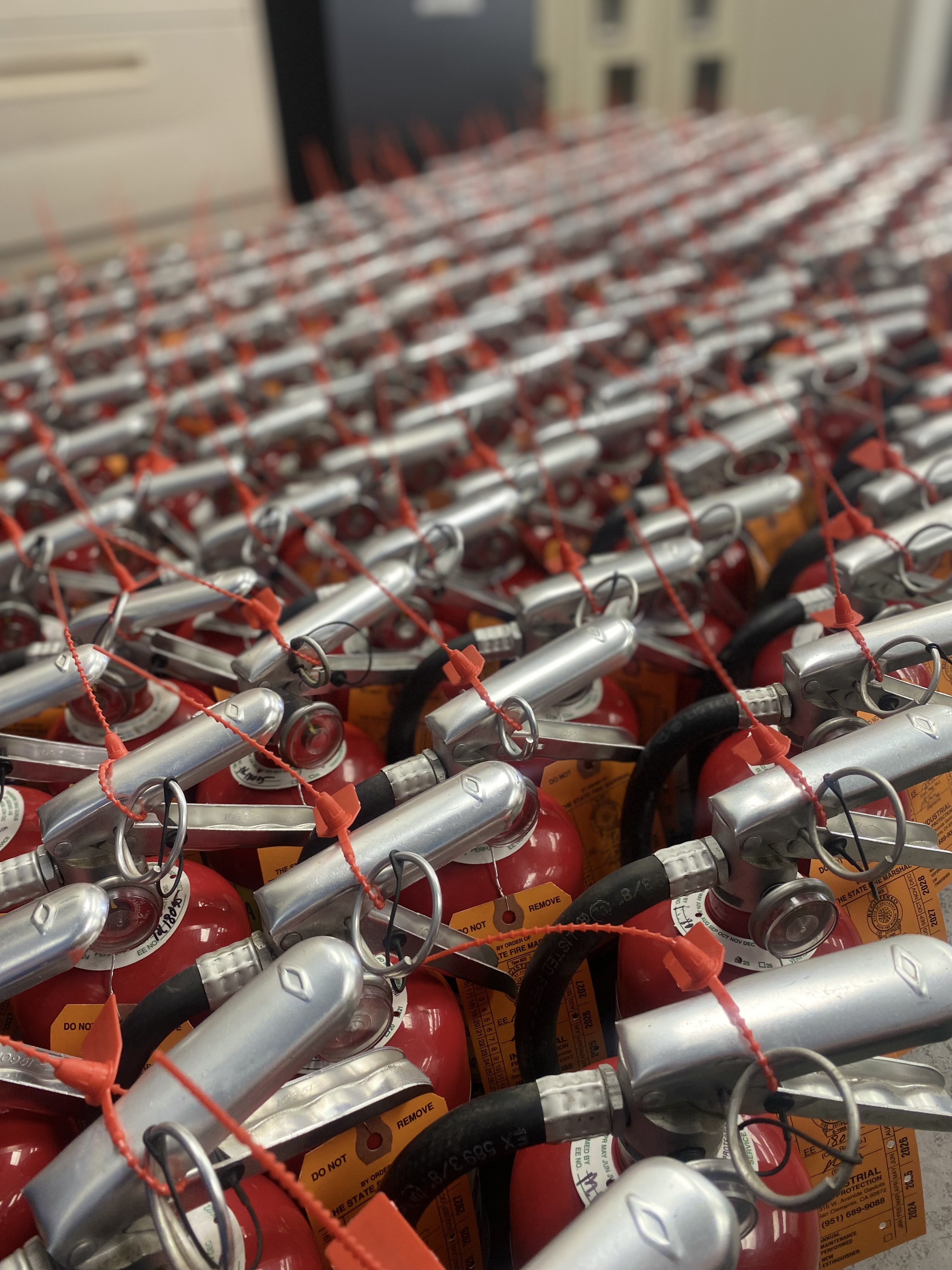 Rows of serviced fire extinguishers with inspection tags