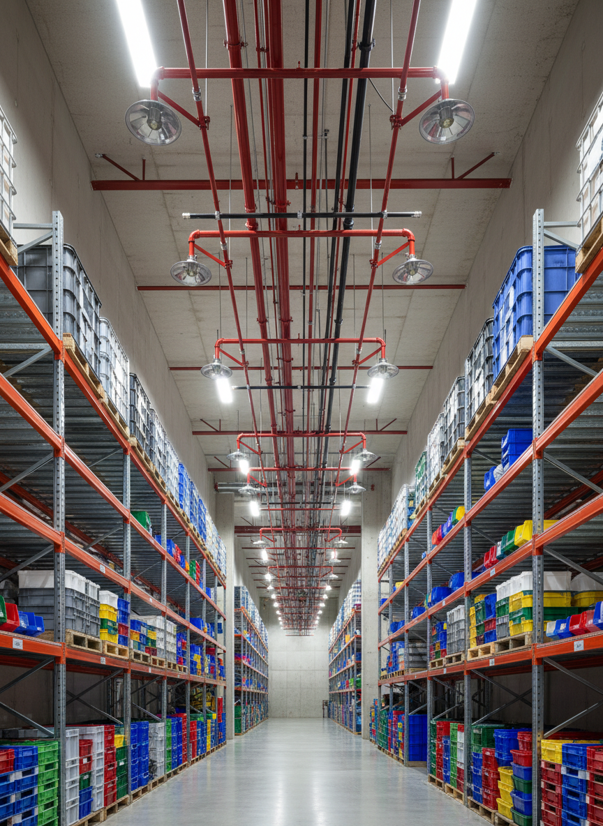 A specialized fire sprinkler installation in a high-bay commercial storage area containing tall metal racks of plastic containers, with closely spaced sprinklers and additional branch lines clearly designed for high-challenge commodities. The red and black steel piping contrasts against the light neutral ceiling and pale gray walls. Bright, uniform lighting from LED high-bay fixtures creates crisp highlights on the sprinkler heads and even illumination down the aisles. Captured from a central aisle with a long, linear perspective and strong depth of field, emphasizing the engineered layout that follows the racks. Photographic realism with a technical, purposeful mood, illustrating tailored fire protection solutions for higher-risk industrial storage in the Inland Empire.