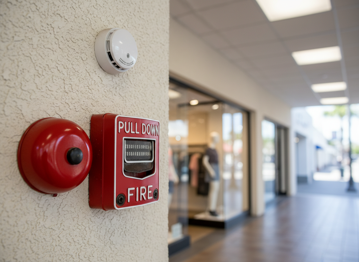 A detailed close-up of a bright red commercial fire alarm pull station mounted on a textured off-white wall in a Southern California retail corridor. Next to it, a matching metal fire alarm bell and a discreet smoke detector on the ceiling complete the system. Overhead LED lighting casts even, neutral illumination, revealing the fine texture of the wall and the smooth enamel finish of the devices. The composition uses rule of thirds, with the pull station in crisp focus and the corridor receding into a softly blurred background of glass storefronts. Photographic realism, clean and modern, conveying vigilance, readiness, and professional fire protection for busy commercial properties.