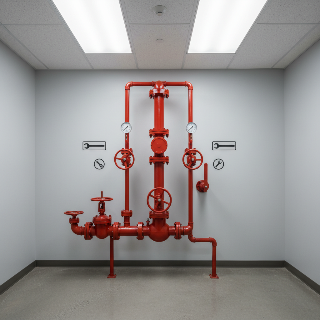 A tidy fire riser room in a Southern California commercial building, showcasing a vertical red fire riser assembly with pressure gauges, control valves, and backflow preventer arranged in an organized layout against a clean, light-gray painted wall. Labels and instructions are suggested through shapes and icons, without readable text. Overhead fluorescent lighting provides bright, even illumination, highlighting the glossy finish of the pipes and the matte texture of the concrete floor. The image is captured at eye level with a centered, symmetrical composition and sharp focus, creating a sense of order, reliability, and technical precision. Photographic realism with a professional, no-nonsense atmosphere that emphasizes expert installation and maintenance.