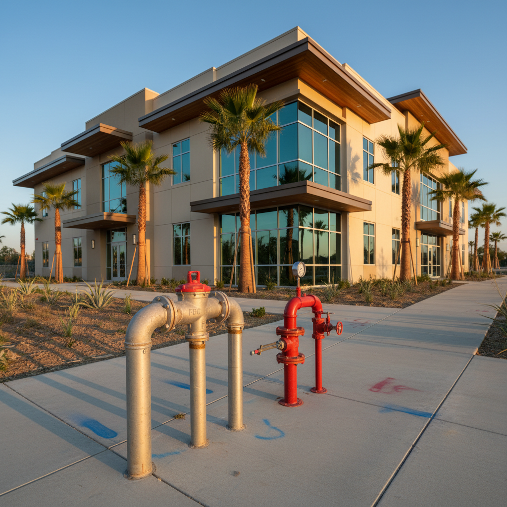 The exterior of a new two-story commercial office building in the Inland Empire at golden hour, with a discreet fire department connection and sprinkler system test header mounted along a clean stucco wall near the landscaped entry. The FDC components are rendered in weather-resistant metal with subtle wear, connected to underground piping hinted by utility markings on the concrete. Warm, low-angle sunlight bathes the facade, creating long shadows from nearby palm trees and highlighting the red fittings against neutral walls. Shot from a slightly elevated angle with the building framed in the background, the composition balances architecture and fire protection equipment. Photographic realism with a calm, professional mood, emphasizing code-compliant design integrated into modern Southern California architecture.