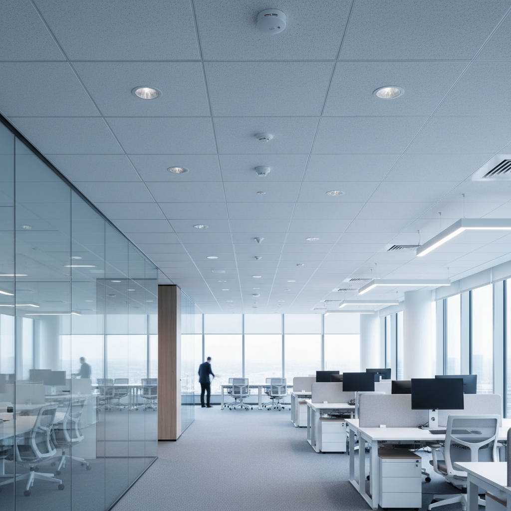A modern open-plan commercial office interior in Southern California, with suspended acoustic ceiling tiles and a precisely laid-out grid of concealed fire sprinklers and compact smoke detectors. The main focus is on the ceiling plane, captured from a slightly low, upward-looking angle that includes glass-walled conference rooms and rows of workstations below. Soft, diffused daylight enters from floor-to-ceiling windows, enhanced by linear LED fixtures, creating a bright, evenly lit environment with subtle reflections on glass partitions. Photographic realism with a clean, corporate aesthetic, shallow depth of field to keep the nearest fixtures crisp while the office details gently blur. The mood is calm, professional, and secure, showing fire protection seamlessly integrated into everyday workspaces.