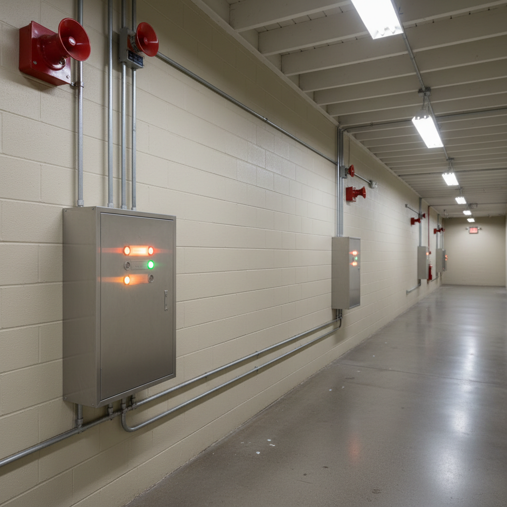 An orderly Southern California strip mall service corridor behind retail storefronts, featuring a wall-mounted commercial fire alarm control panel, notification appliances, and conduit neatly routed along a smooth painted wall. The main focus is the panel’s clean metal enclosure with indicator lights suggested by soft glows rather than readable text. Overhead utility lighting provides even, slightly cool illumination, revealing the brushed metal finish and the matte texture of the wall and concrete floor. Shot at eye level with rule-of-thirds composition, the foreground elements in sharp focus and the corridor stretching into a gentle blur. Photographic realism with a quiet, behind-the-scenes atmosphere, conveying ongoing monitoring, inspection, and professional system management.